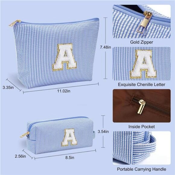 Blue Initial Makeup Bag for Girls Teen Travel Cosmetic Pouch Gift Organizer - Picture 3 of 7